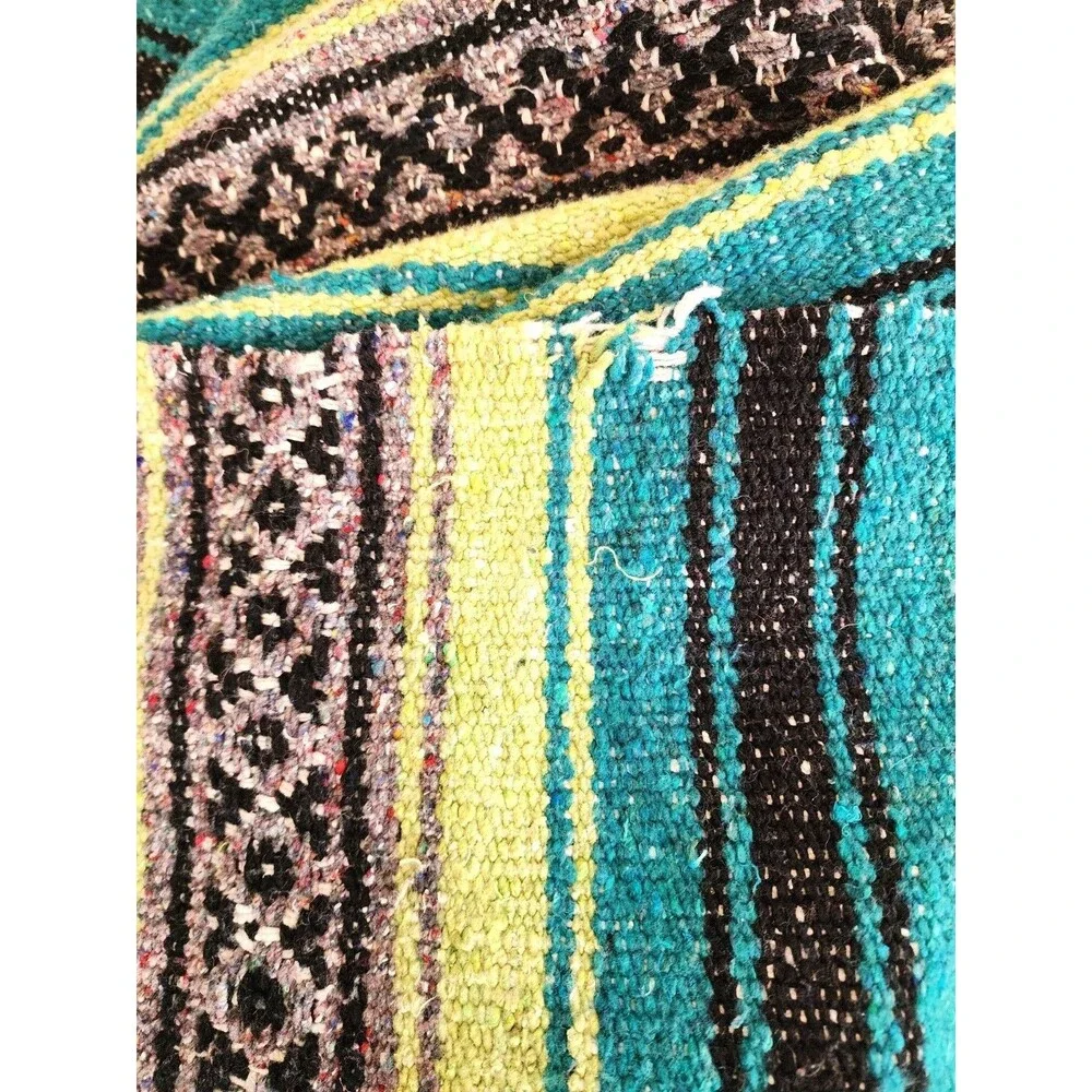 Mexican Vibrant Woven Blanket or Sarape in Blue/Green/ and Grey